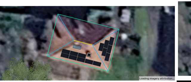 Vista aérea del tejado con la distribución de los 14 paneles solares, el inversor y la batería marcados sobre la cubierta